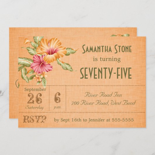 オレンジリネン花柄は誕生日の招待状をカスタマイズ 招待状 (正面/裏面)