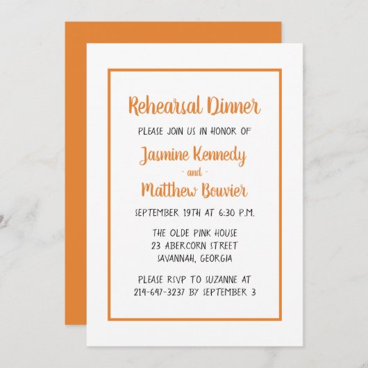 オレンジリハーサルディナー秋の結婚式ミニマリスト 招待状 (正面/裏面)