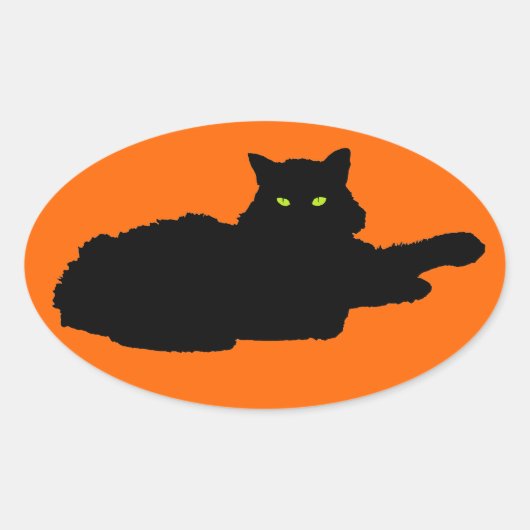 オレンジリラックス色の黒猫シルエット 楕円形シール (正面)
