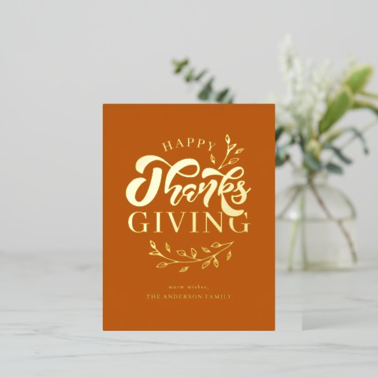 オレンジリーフリースハッピーサンクスギビング 箔シーズンポストカード (立ち正面)