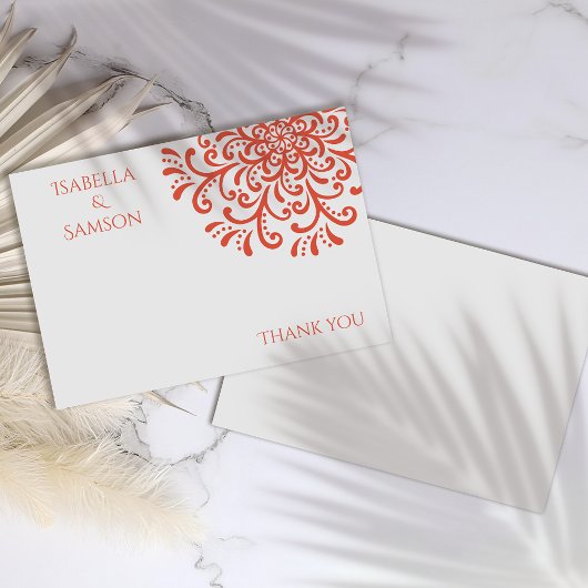 オレンジレッドお洒落フローリッシュサンキューカード サンキューカード