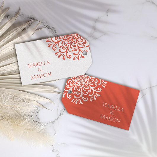 オレンジレッドお洒落フローリッシュ結婚式の引き出物ラベル ギフトタグ