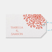 オレンジレッドお洒落フローリッシュ結婚式の引き出物ラベル ギフトタグ (正面(横))
