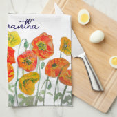 オレンジレッドアイスランドポピーフラワーウォーターカラーアート キッチンタオル (四つ折り)