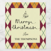 オレンジレッドアーガイルスクリプト可愛いメリークリスマス ワインラベル (シングルラベル)