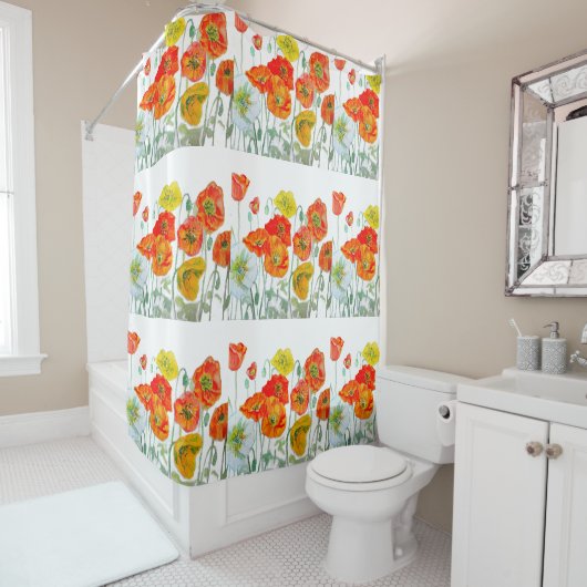 オレンジレッドイエローポピーの水の色ケシの芸術 シャワーカーテン (インサイチュ)
