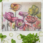 オレンジレッドイエローポピーウォーターカラーティータオル キッチンタオル (折り畳み)