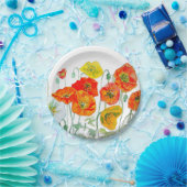 オレンジレッドイエローポピー水彩クッションホワイト ペーパープレート (パーティー)