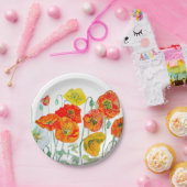 オレンジレッドイエローポピー水彩クッションホワイト ペーパープレート (パーティー)