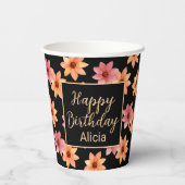 オレンジレッドオータムフラワーブラック誕生日 紙コップ (裏面)