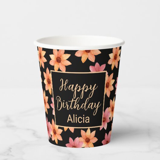 オレンジレッドオータムフラワーブラック誕生日 紙コップ (正面)