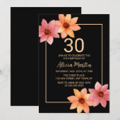 オレンジレッドオータムフローラニーエイジブラック誕生日 招待状 (正面/裏面)