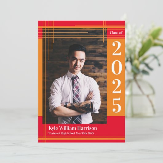 オレンジレッドスクールカラー卒業フォトプレイド 招待状 (スタンド正面)