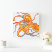 オレンジレッドタコ墨画舞 スクエア壁時計 (ホーム)