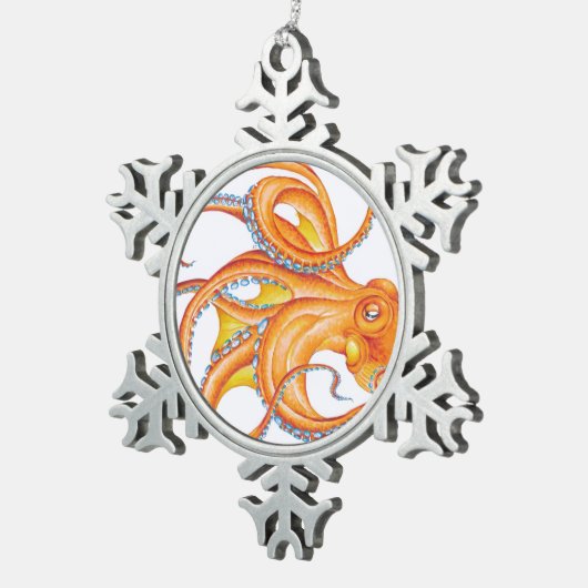 オレンジレッドタコ水墨画ダンス スノーフレークピューターオーナメント (右)