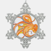 オレンジレッドタコ水墨画ダンス スノーフレークピューターオーナメント (正面)