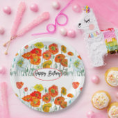 オレンジレッドポピー花水彩誕生日 ペーパープレート (パーティー)