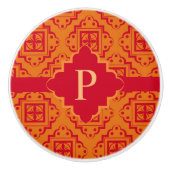 オレンジレッドモノグラムアラベスクモロッコグラフィック セラミックノブ (正面)