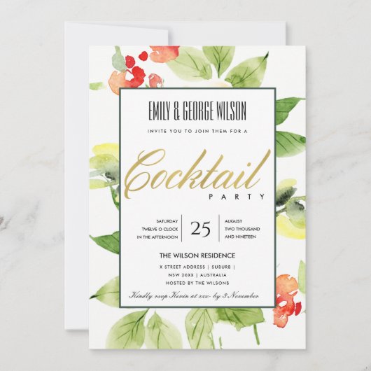 オレンジレッドローズウォーターフローラカクテルパーティー 招待状 (正面)