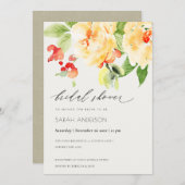 オレンジレッドローズウォーター色フローラブライダルシャワー 招待状 (正面/裏面)