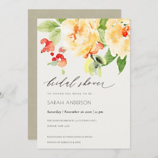 オレンジレッドローズウォーター色フローラブライダルシャワー 招待状 (正面/裏面)