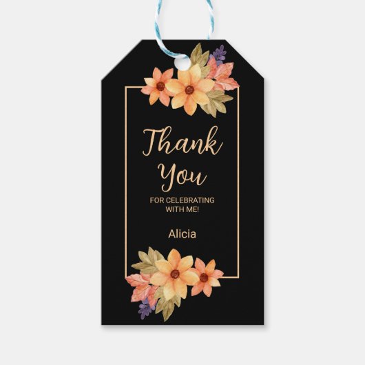 オレンジレッド秋フローラブラック誕生日サンキュー ギフトタグ (正面)