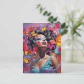 オレンジレッド&ブルーバタフライファンタジー女性 ポストカード (スタンド正面)