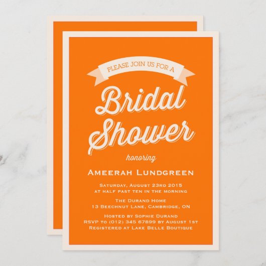 オレンジレトロタイポグラフィ |ブライダルシャワー招待 招待状 (正面/裏面)