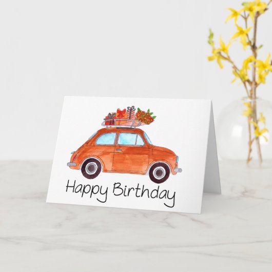 オレンジレトロフィアット500誕生日 カード (黄色い花)