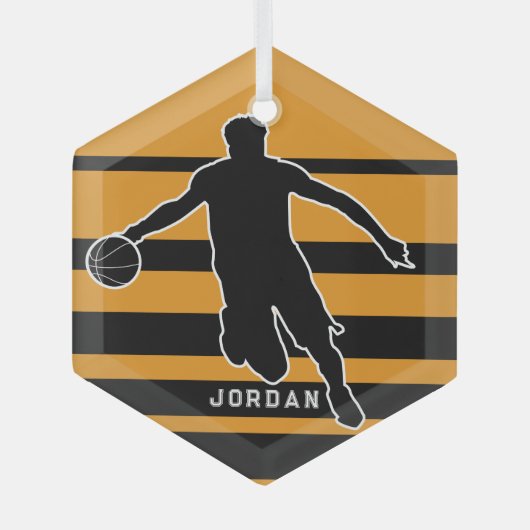 オレンジレトロヴィンテージバスケットボール選手のクリスマス ガラスオーナメント (正面)