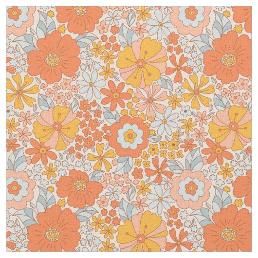 オレンジレトロ花柄 ファブリック (クローズアップ)
