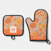 オレンジレトロ花柄 鍋つかみ&鍋敷きセット (正面)