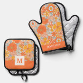 オレンジレトロ花柄 鍋つかみ&鍋敷きセット (正面/裏面)