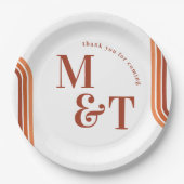 オレンジレトロ70ストライプ年代 |の結婚モノグラム ペーパープレート (正面)