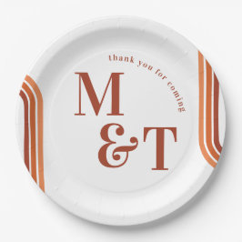 オレンジレトロ70ストライプ年代 |の結婚モノグラム ペーパープレート
