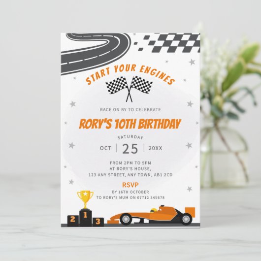 オレンジレーシングカーの誕生日パーティーの招待状 招待状 (スタンド正面)