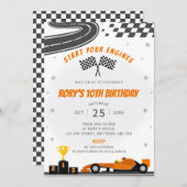 オレンジレーシングカーの誕生日パーティーの招待状 招待状 (正面/裏面)
