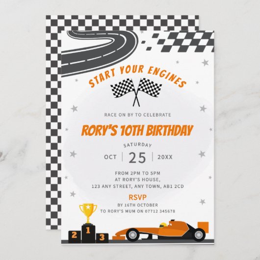 オレンジレーシングカーの誕生日パーティーの招待状 招待状 (正面/裏面)