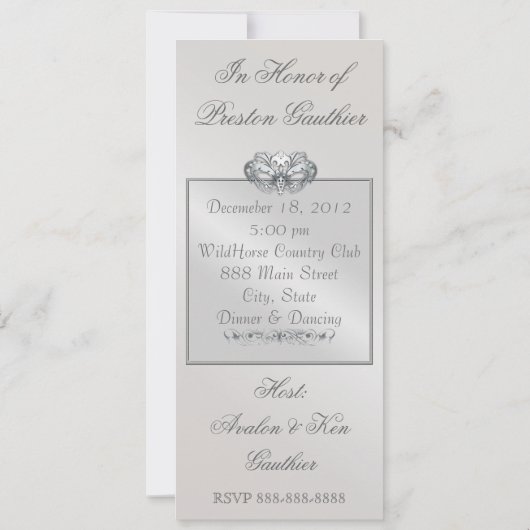 オレンジレースの仮面舞踏会の銀の第50誕生日 招待状 (裏面)