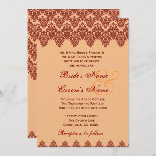 オレンジレースダマスク結婚式プレミアム金ゴールドメタル 招待状 (正面/裏面)