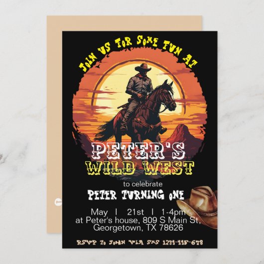 オレンジワイルドウエストウェスタンパーティの招待状 招待状 (正面/裏面)