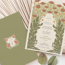 オレンジヴィンテージアールヌーボー結婚フローラ 招待状