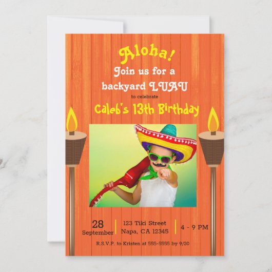 オレンジヴィンテージレトロサマーパーティールアウ(ハワイ式宴会)誕生日 招待状 (正面)