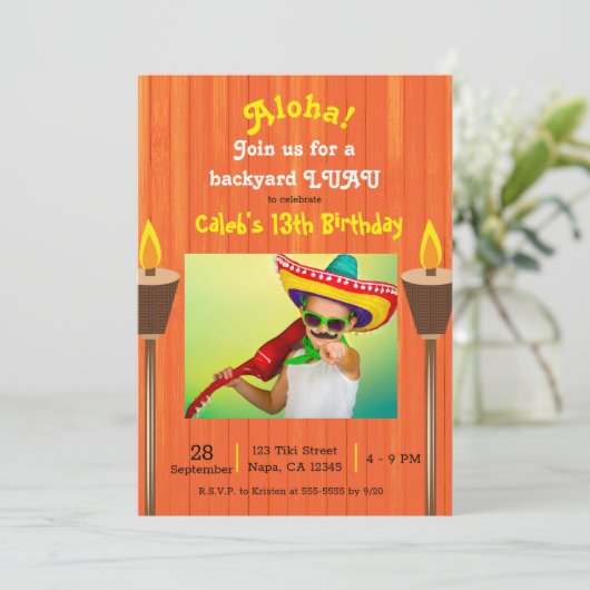 オレンジヴィンテージレトロサマーパーティールアウ(ハワイ式宴会)誕生日 招待状 (スタンド正面)