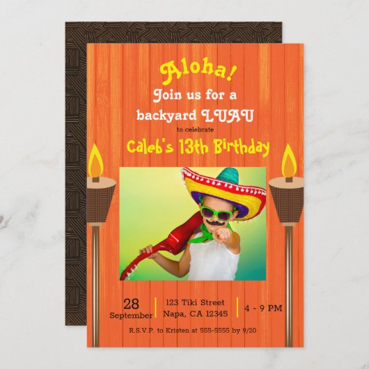 オレンジヴィンテージレトロサマーパーティールアウ(ハワイ式宴会)誕生日 招待状 (正面/裏面)
