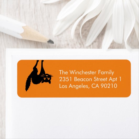 オレンジ不気味色の黒猫おもしろいハロウィーンアドレス ラベル (インサイチュ)