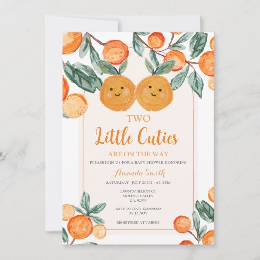 オレンジ二つの小さなかわいこちゃんが緑の道にある 招待状 (正面)
