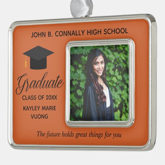 オレンジ卒業写真感動的引用文カスタム シルバープレートフレームオーナメント (左)