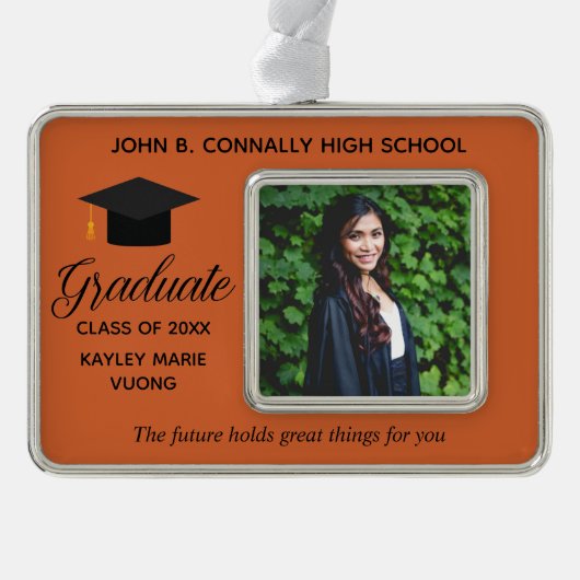 オレンジ卒業写真感動的引用文カスタム シルバープレートフレームオーナメント (正面)