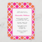 オレンジ及びショッキングピンクのクローバーパターンブライダルシャワー 招待状 (正面/裏面)